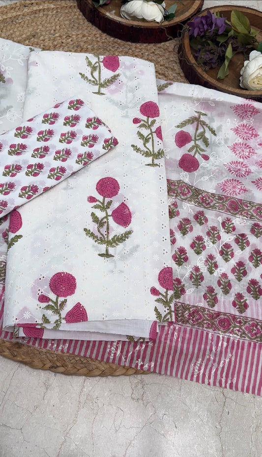 Unstitched Cotton Hakoba Suit with Block Print – White