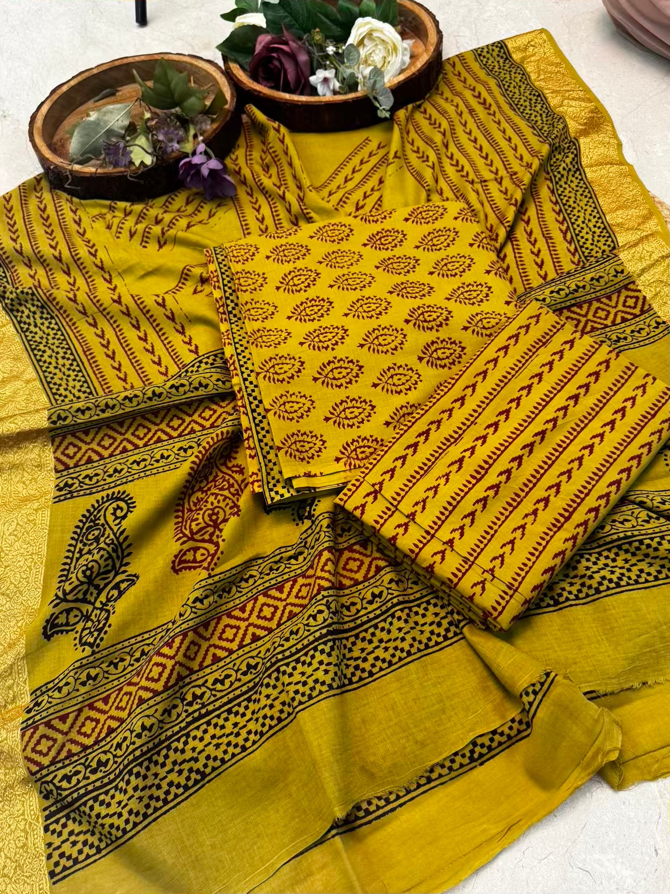 🌿 Pure Cotton Bagh Print Suit Set – 3 Piece Handcrafted Elegance