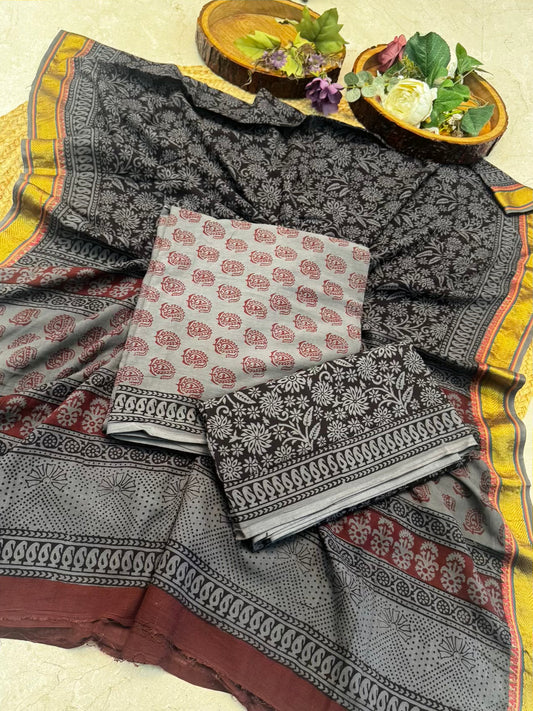 Unstitched Cotton Bagh Print Suit – Grey