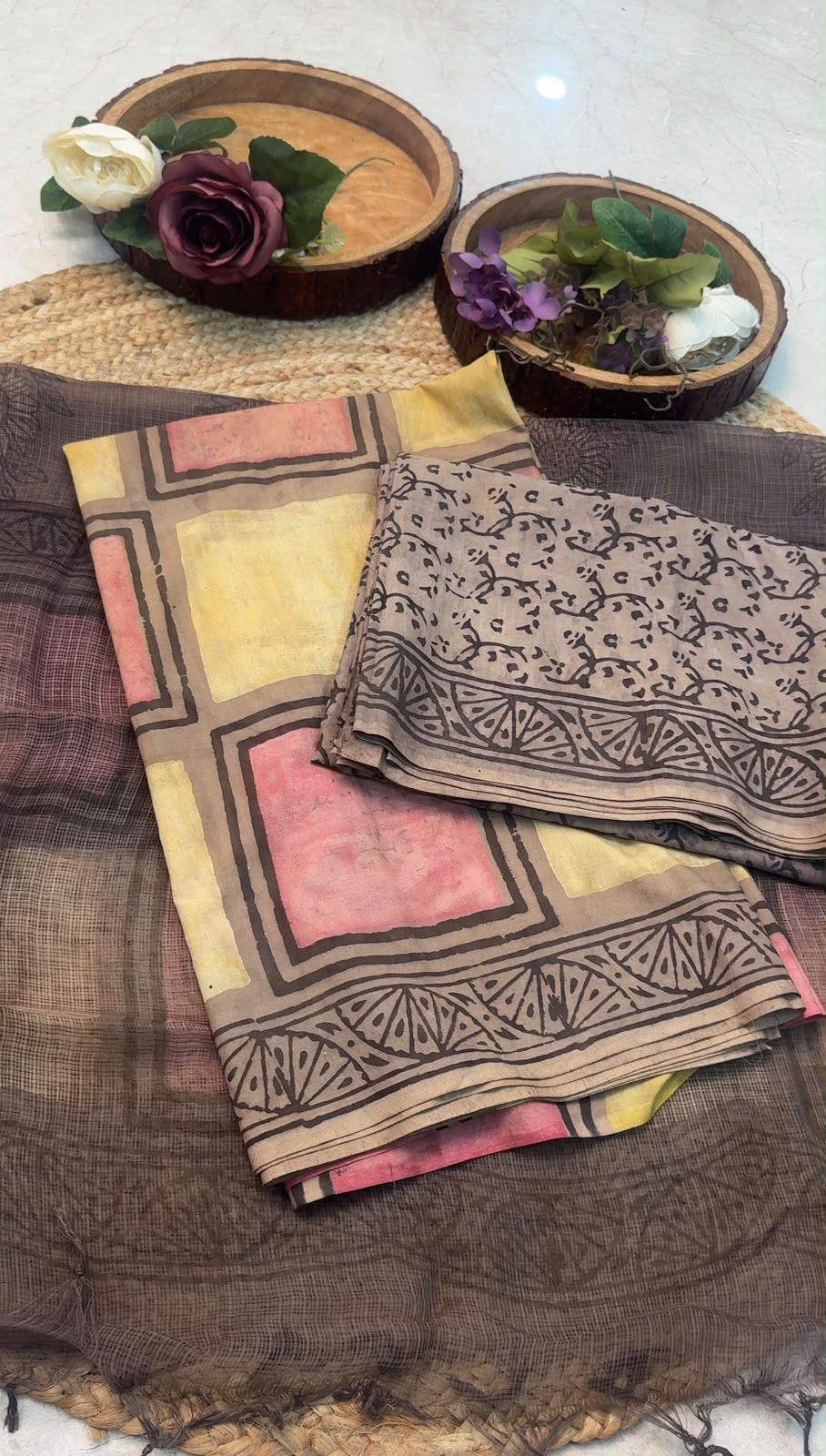 Natural Pomegranate & Vegetable Dyed, Pure Cotton Hand Block Print Suit Set with Kota Doria Dupatta |