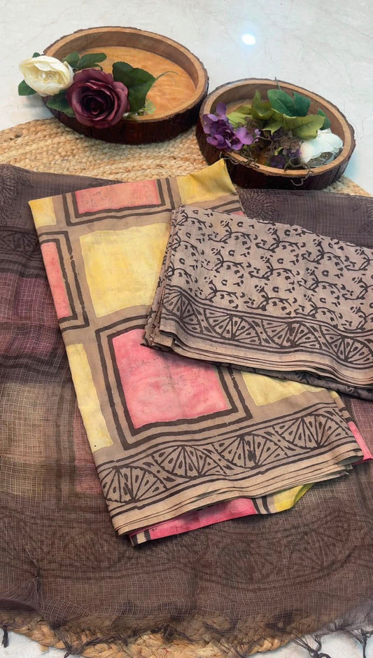 Unstitched Vegetable Dyed Cotton Block Print Suit with Kota Doria Dupatta – Bronze