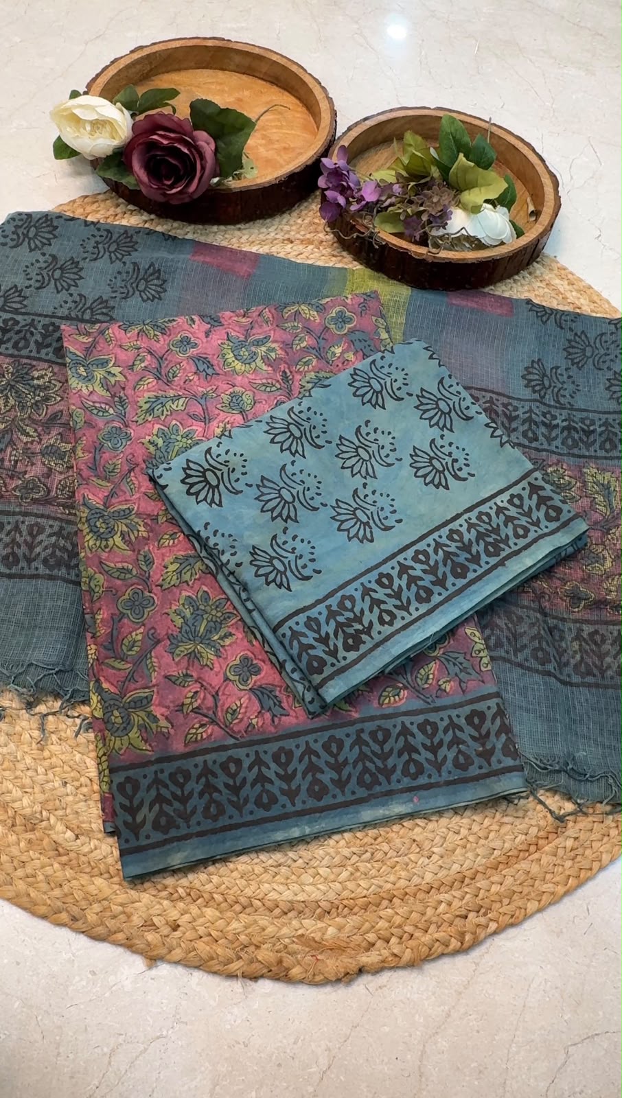 Natural Pomegranate & Vegetable Dyed, Pure Cotton Hand Block Print Suit Set with Kota Doria Dupatta |