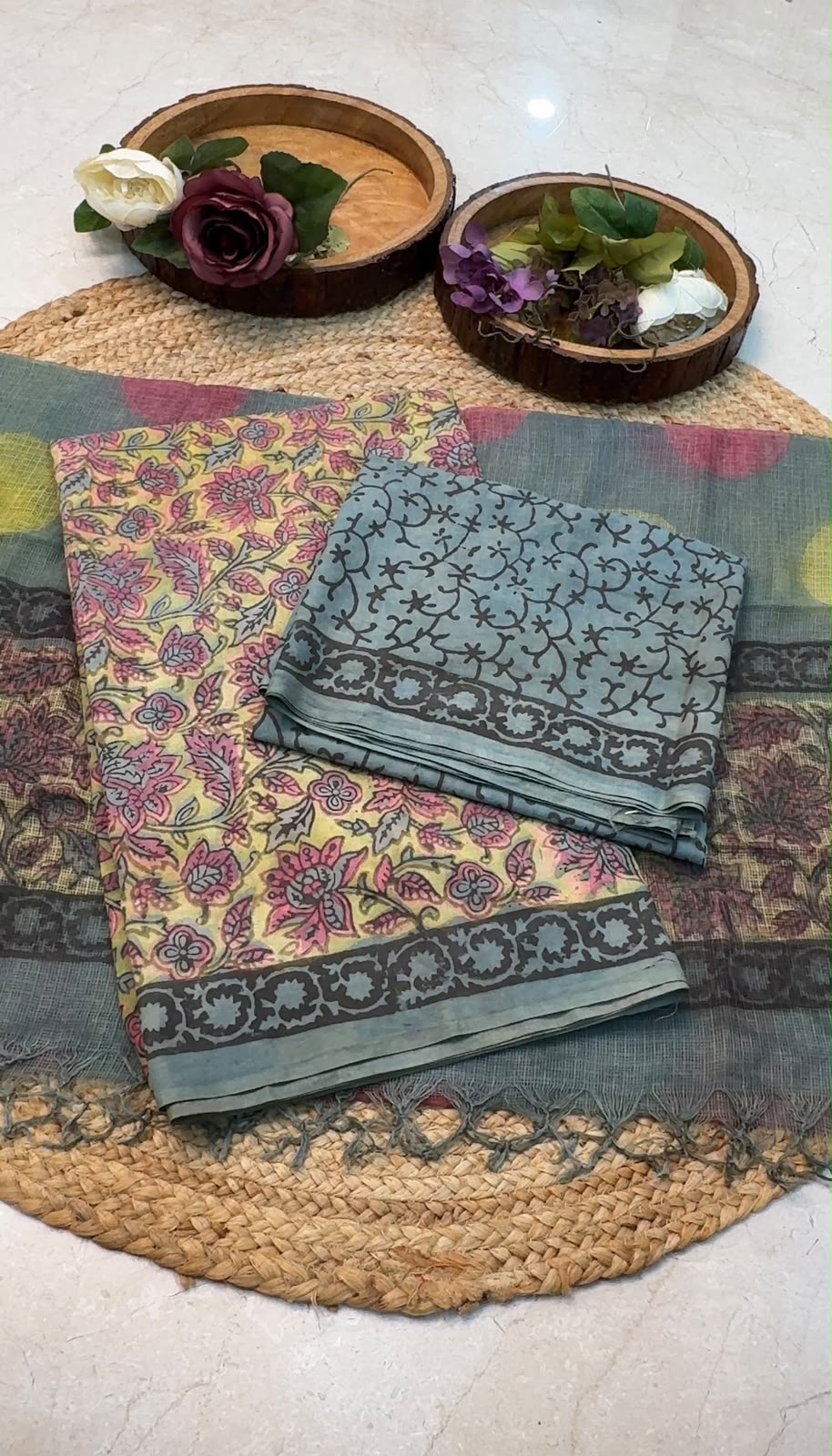 Natural Pomegranate & Vegetable Dyed, Pure Cotton Hand Block Print Suit Set with Kota Doria Dupatta |