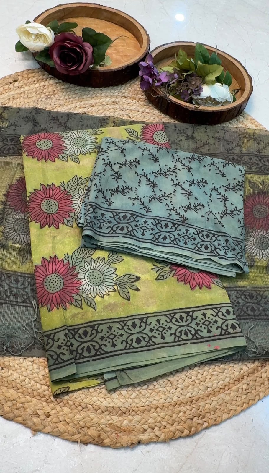 Natural Pomegranate & Vegetable Dyed, Pure Cotton Hand Block Print Suit Set with Kota Doria Dupatta |