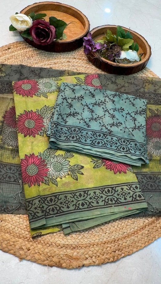 Unstitched Vegetable Dyed Cotton Block Print Suit with Kota Doria Dupatta – Green