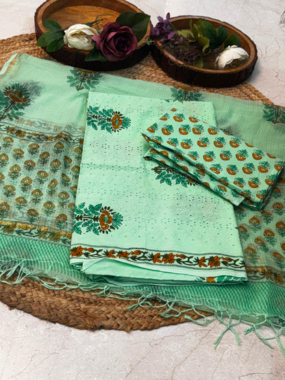 Unstitched Cotton Hakoba Suit with Block Print – Green