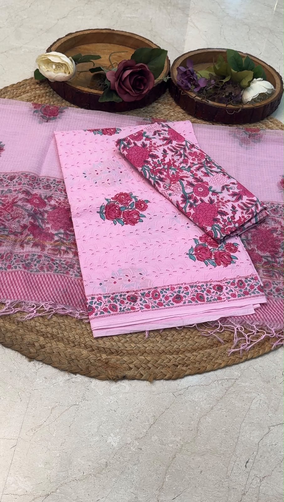 Unstitched Cotton Hakoba Suit with Block Print – Pink Design 2