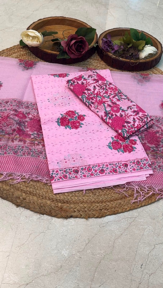 Unstitched Cotton Hakoba Suit with Block Print – Pink Design 2