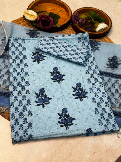 Unstitched Cotton Hakoba Suit with Block Print – Blue