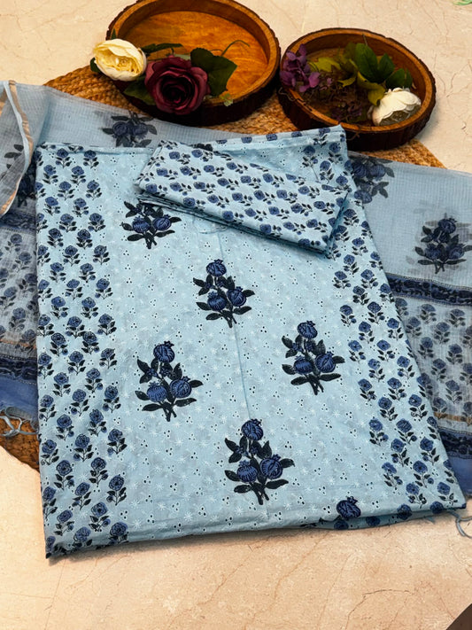 Unstitched Cotton Hakoba Suit with Block Print – Blue