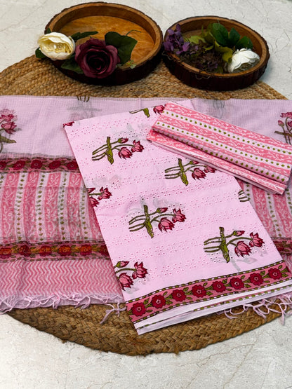 Unstitched Cotton Hakoba Suit with Block Print – Light Pink