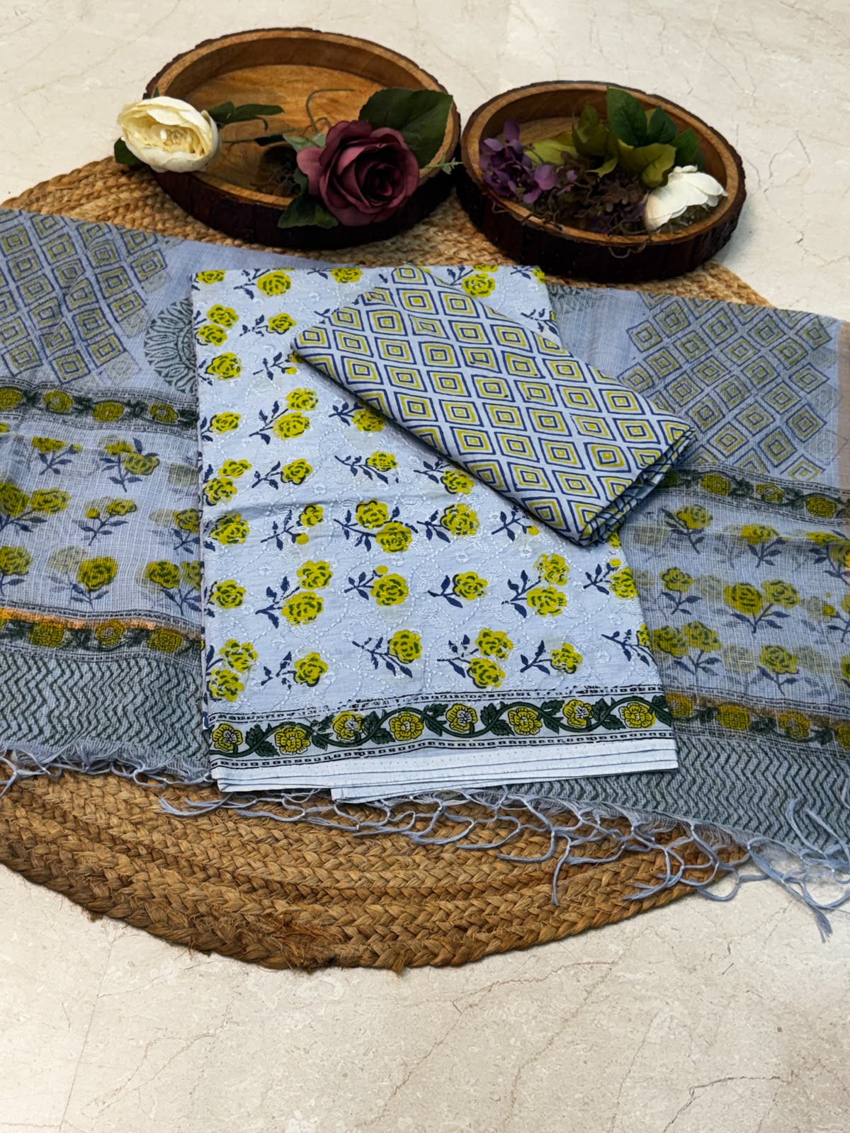 Cotton hakuba suit with block prints