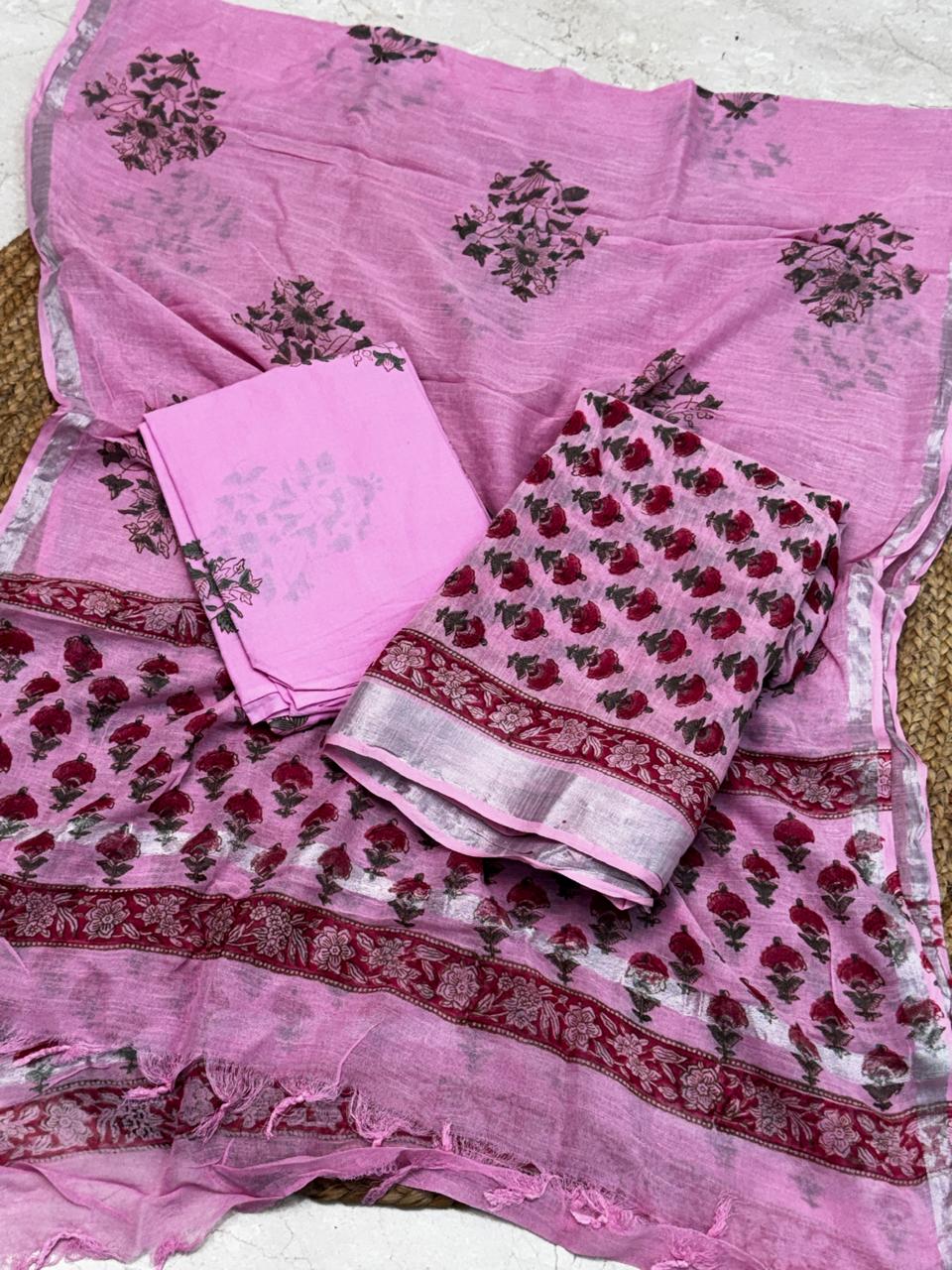 Unstitched Soft Cotton Linen Suit – Pink