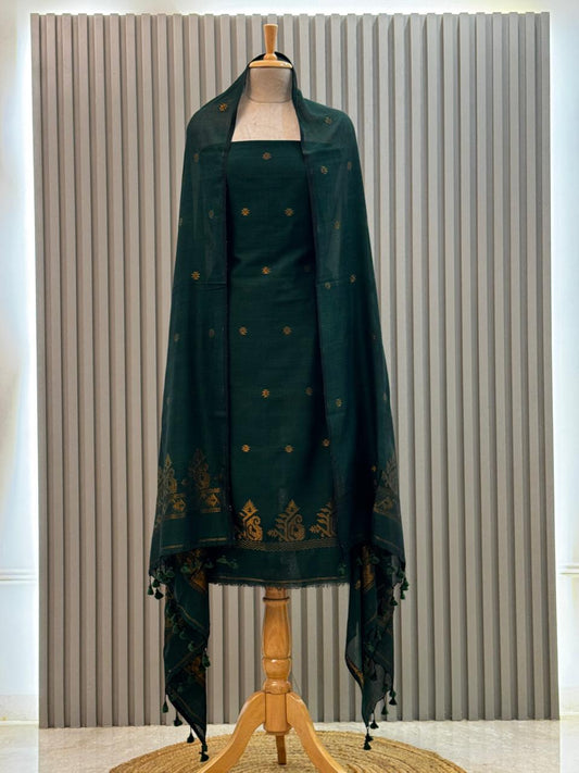 Unstitched Silk Cotton Jamdani Handloom Suit – Green Design 2