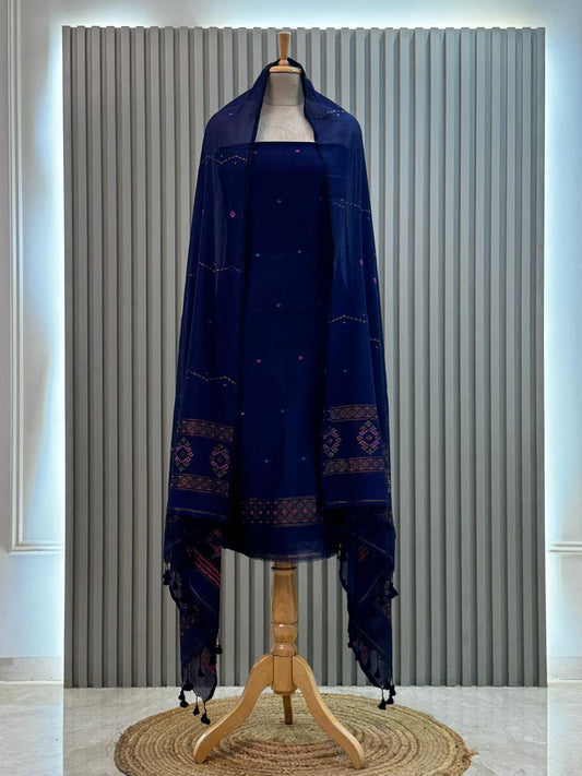 Unstitched Silk Cotton Jamdani Handloom Suit – Blue Design 3