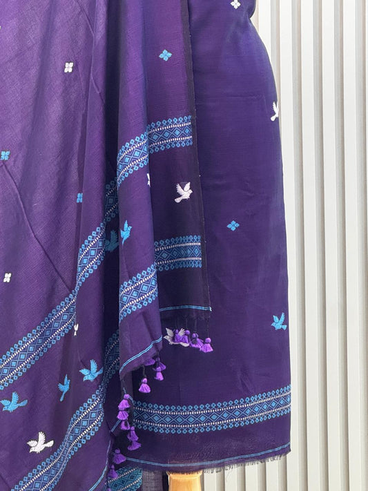 Unstitched Silk Cotton Jamdani Handloom Suit – Purple Bird Motif