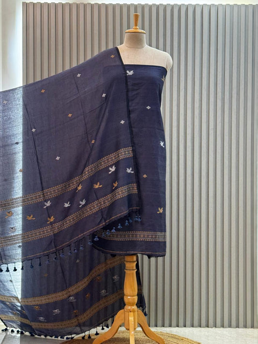 Unstitched Silk Cotton Jamdani Handloom Suit – Grey Bird Motif