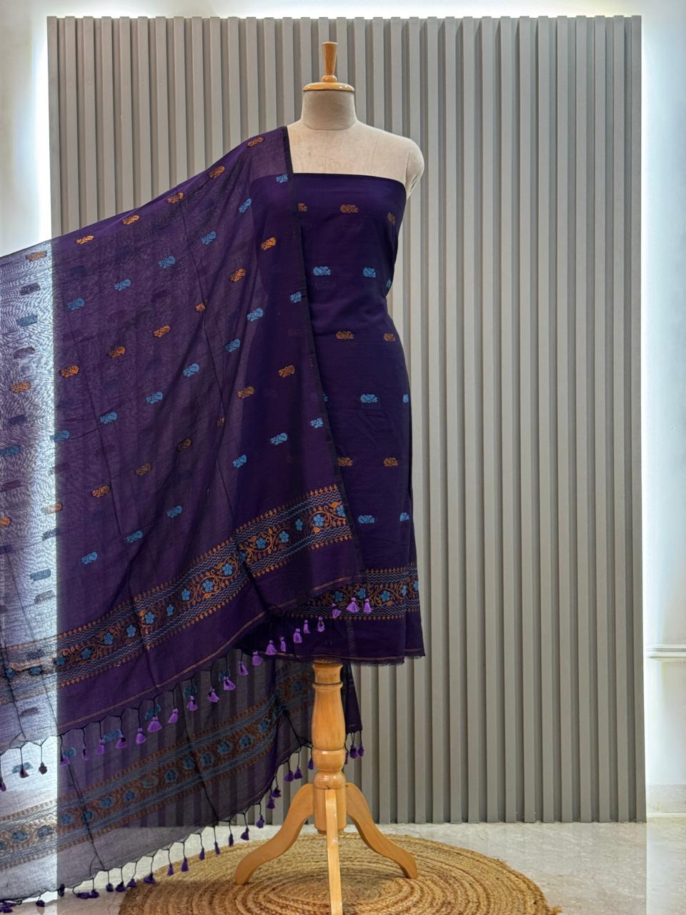 Unstitched Silk Cotton Jamdani Handloom Suit – Purple Design 2
