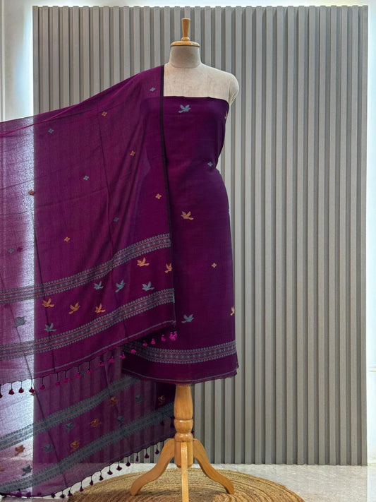 Unstitched Silk Cotton Jamdani Handloom Suit – Pink Bird Motif