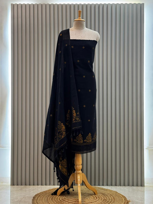 Unstitched Silk Cotton Jamdani Handloom Suit – Black Design 2