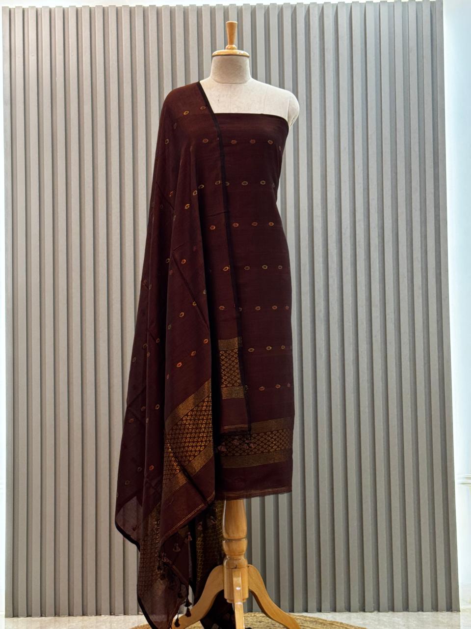 Unstitched Silk Cotton Jamdani Handloom Suit – Brown Design 2