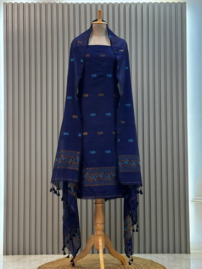 Unstitched Silk Cotton Jamdani Handloom Suit – Blue Design 4
