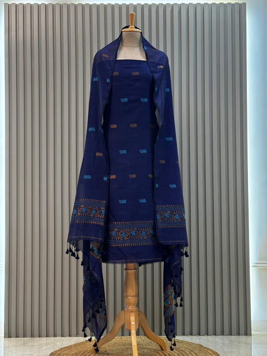 Unstitched Silk Cotton Jamdani Handloom Suit – Blue Design 4