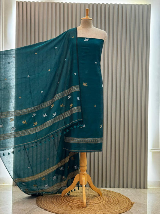 Unstitched Silk Cotton Jamdani Handloom Suit – Green Bird Motif