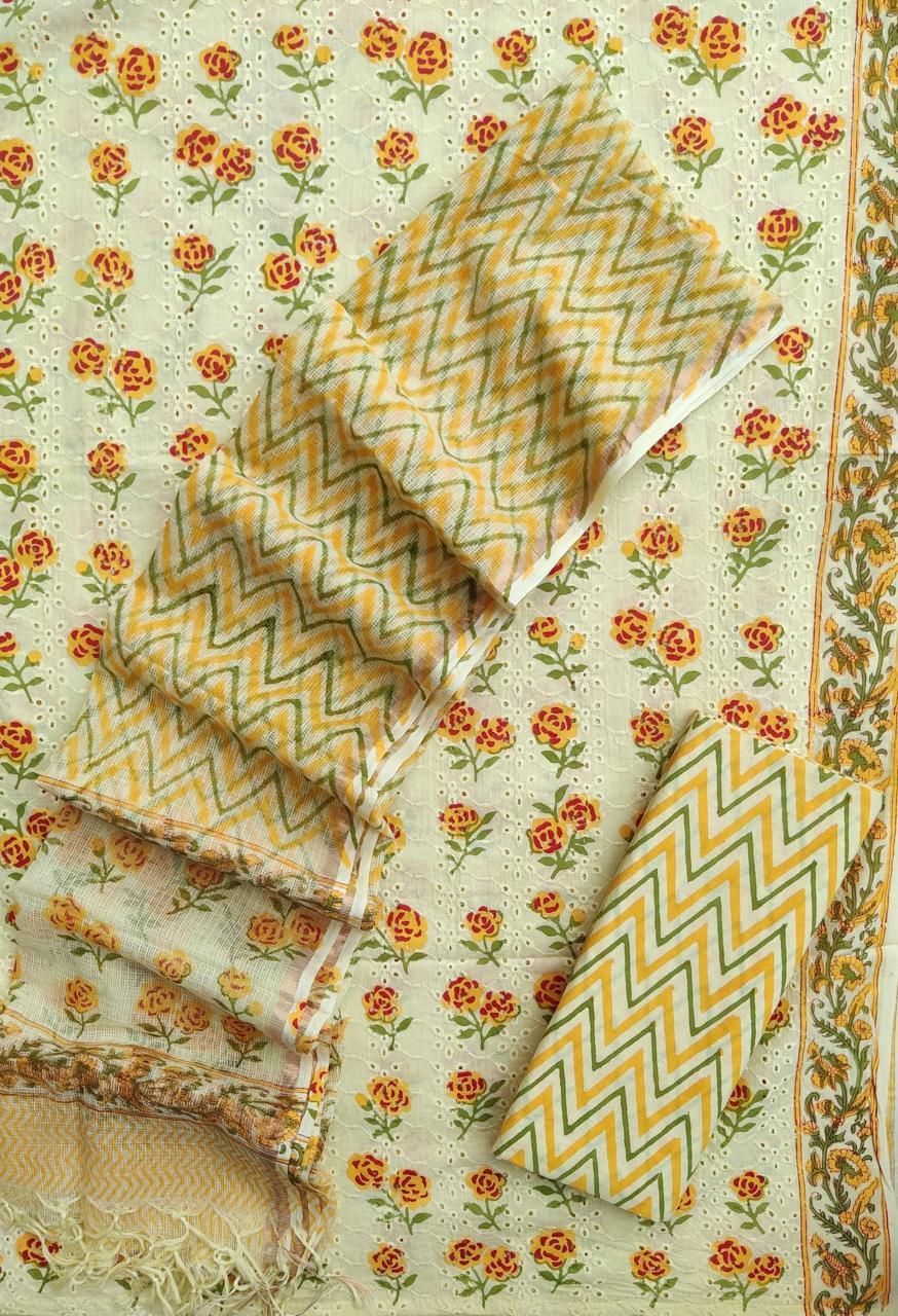 Unstitched Cotton Hakoba Suit with Block Print – Yellow Design 2