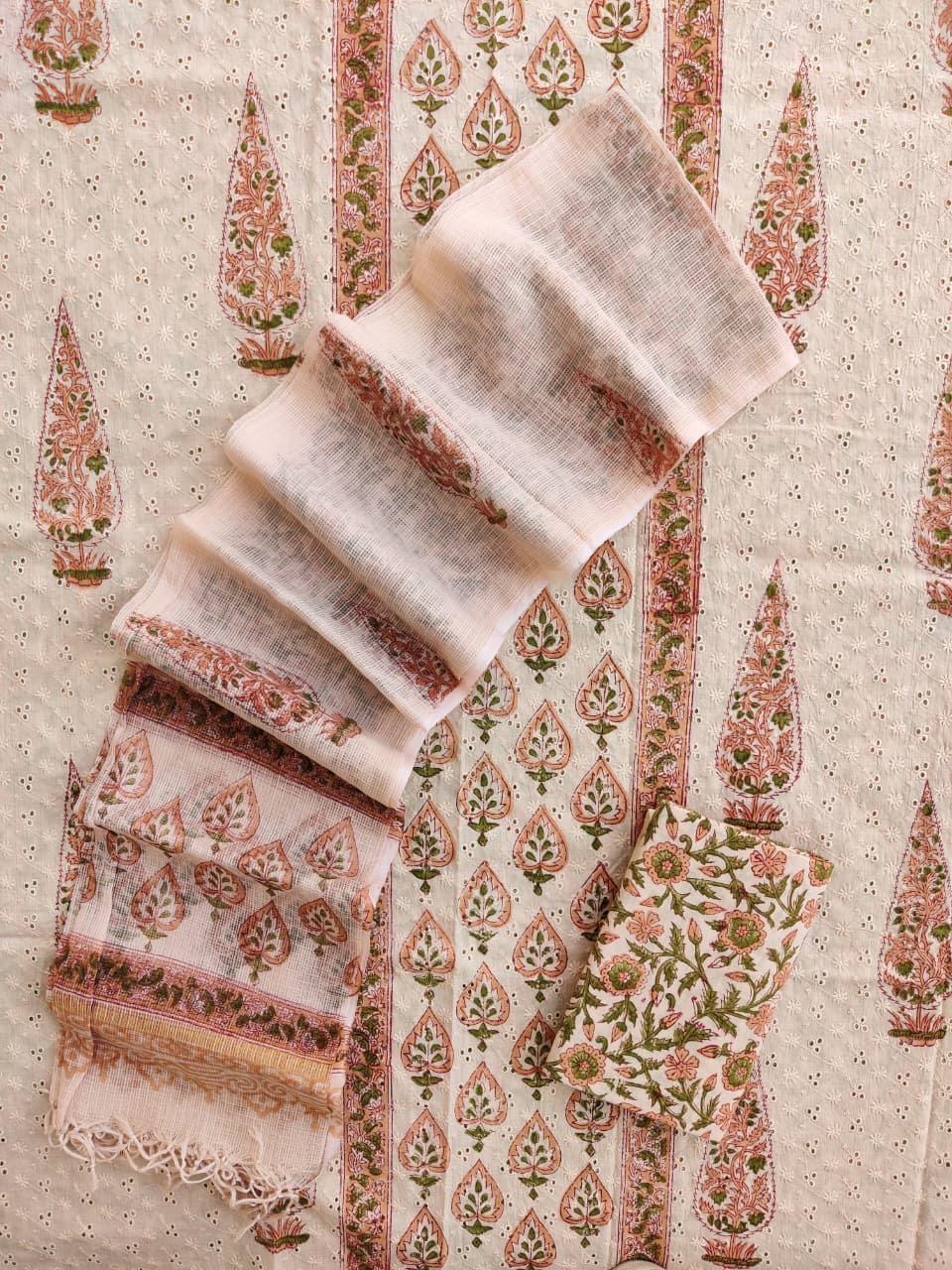 Unstitched Cotton Hakoba Suit with Block Print – Peach