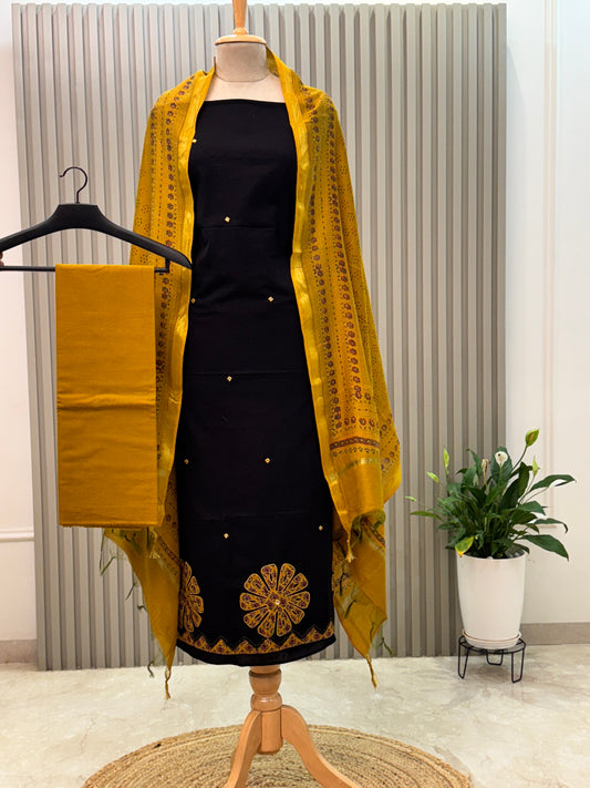 Unstitched Mirror & Applique Cotton Suit with Chanderi Dupatta – Yellow