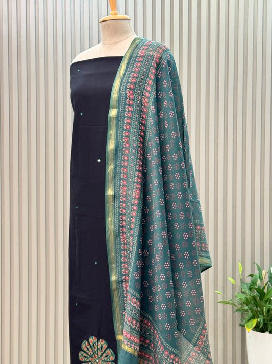 Unstitched Mirror & Applique Cotton Suit with Chanderi Dupatta – Teal Green