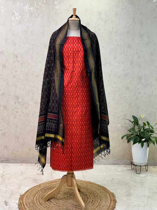 Unstitched Pochampally Sico Ikkat Suit – Red