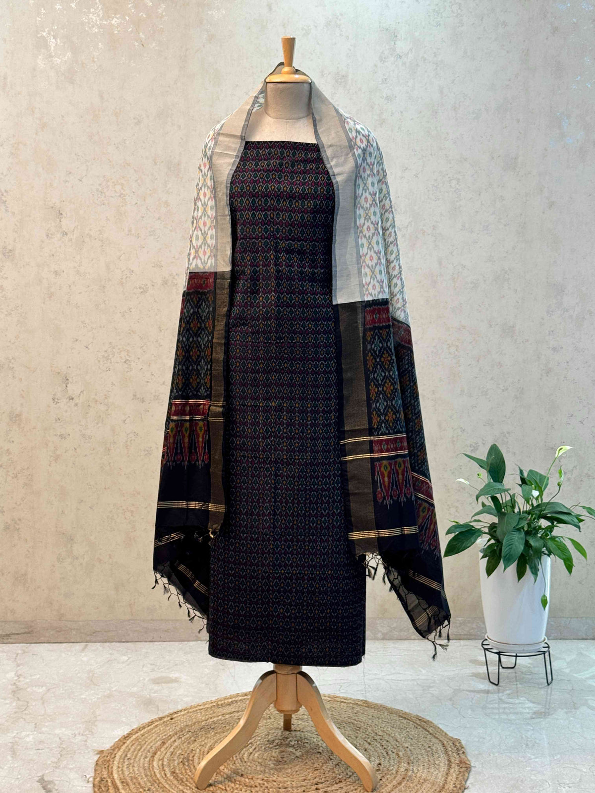 Unstitched Pochampally Sico Ikkat Suit – Black