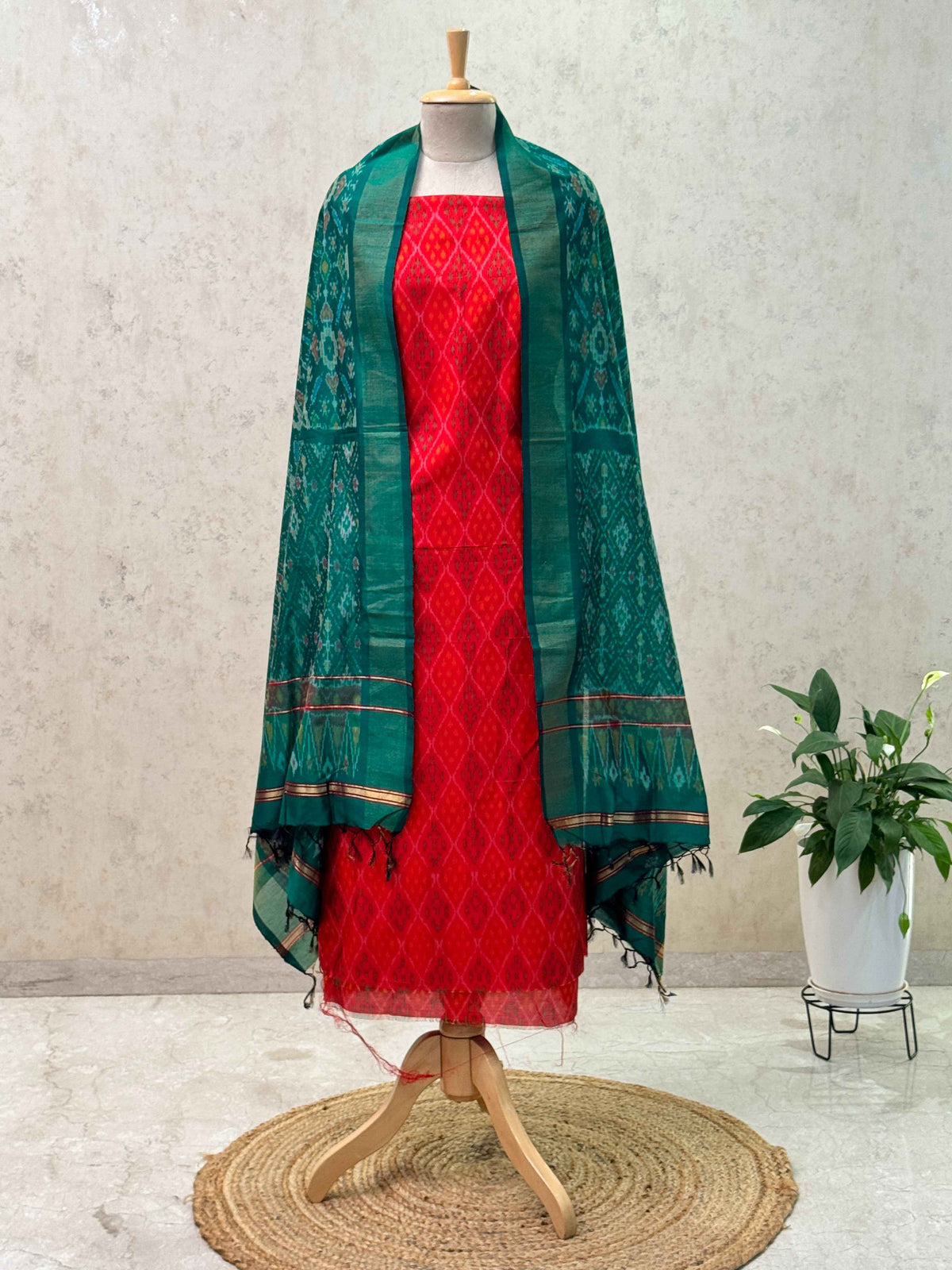 Unstitched Pochampally Sico Ikkat Suit – Teal Green