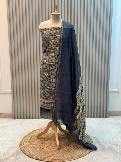 Unstitched Maheshwari Silk Suit with Patola Print – Greyish Blue