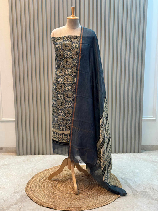 Unstitched Maheshwari Silk Suit with Patola Print – Greyish Blue