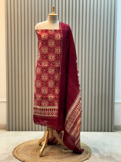Unstitched Maheshwari Silk Suit with Patola Print – Pink