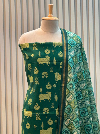 Unstitched Pure Silk Maheshwari Suit with Patola Print – 3 Pc Set