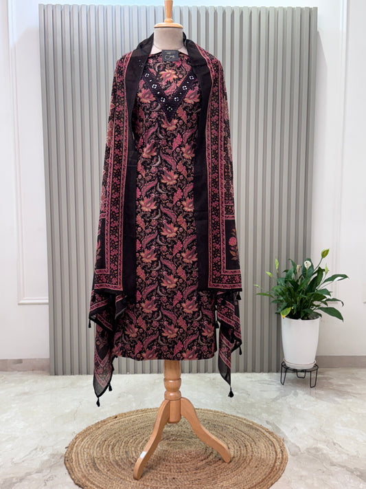Unstitched Cotton Suit with V-Neck Mirror Work – 3 Pc Set