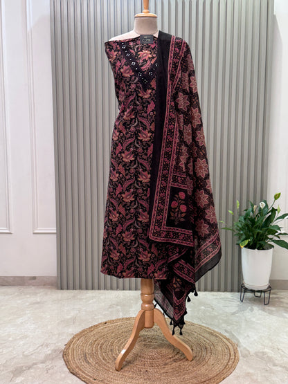 Unstitched Cotton Suit with V-Neck Mirror Work – 3 Pc Set