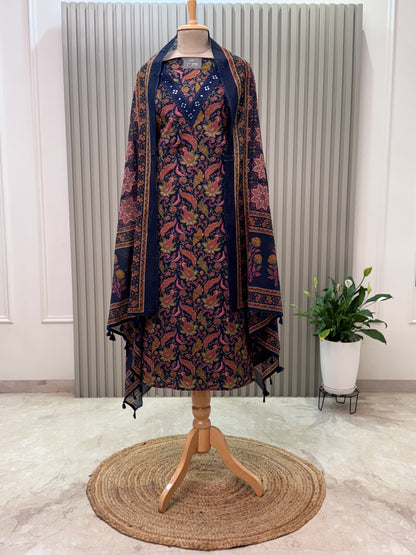 Unstitched Cotton Suit with V-Neck Mirror Work – 3 Pc Set