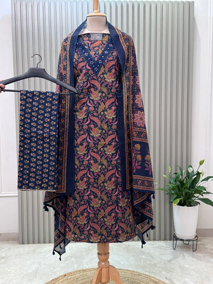 Unstitched Cotton Suit with V-Neck Mirror Work – 3 Pc Set