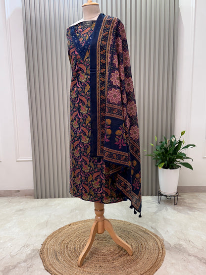 Unstitched Cotton Suit with V-Neck Mirror Work – 3 Pc Set