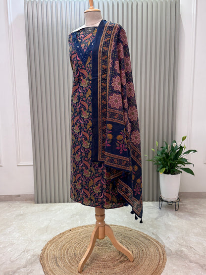Unstitched Cotton Suit with V-Neck Mirror Work – 3 Pc Set