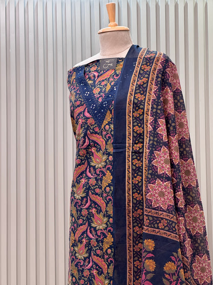 Unstitched Cotton Suit with V-Neck Mirror Work – 3 Pc Set