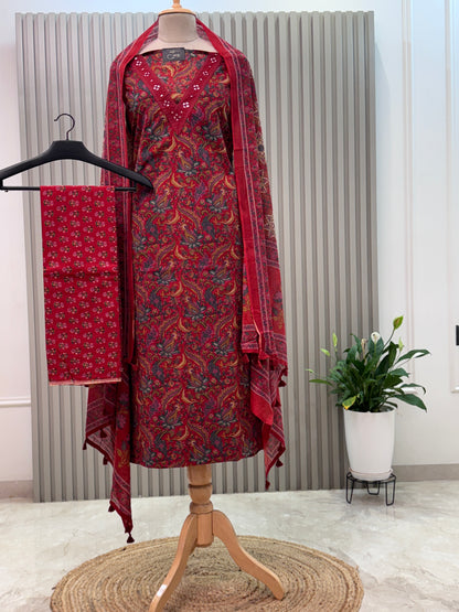 Unstitched Cotton Suit with V-Neck Mirror Work – 3 Pc Set