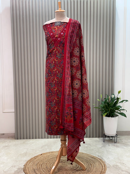 Unstitched Cotton Suit with V-Neck Mirror Work – 3 Pc Set