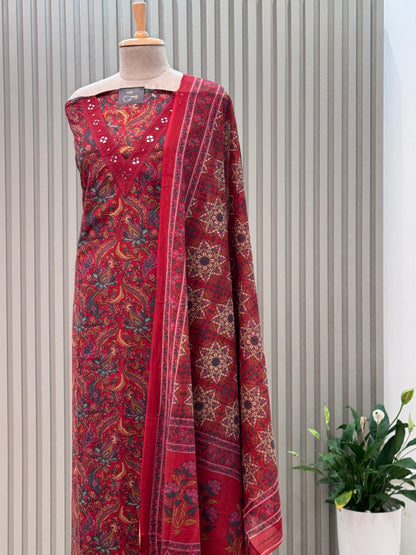 Unstitched Cotton Suit with V-Neck Mirror Work – 3 Pc Set