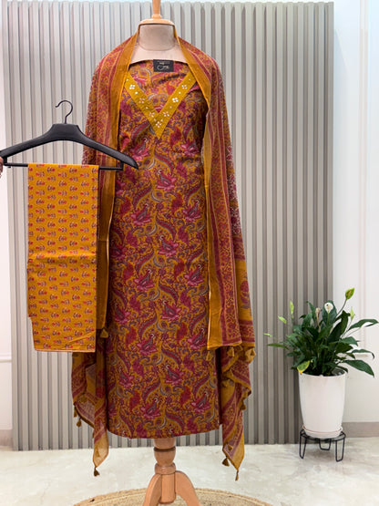 Unstitched V-Neck Mirror Work Cotton Suit – Yellow